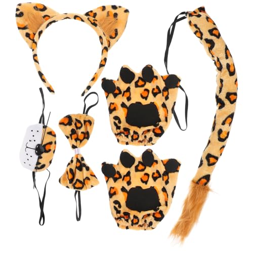 STOBAZA Leopardenkostüm-Set Mit Katzenohren Stirnband Tigerhandschuhen Schwanzfliege Und Nasenstütze Tier-Cosplay-Zubehör Für Kinder Und Erwachsene Halloween-Kostüm Maskerade von STOBAZA