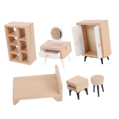 STOBAZA Miniatur Puppenhaus Möbel Teilig Schlafzimmer Zubehör aus Vollholz Weißer Kleiderschrank Doppelbett Schminktisch für Kreatives und Pädagogisches Rollenspiel von STOBAZA