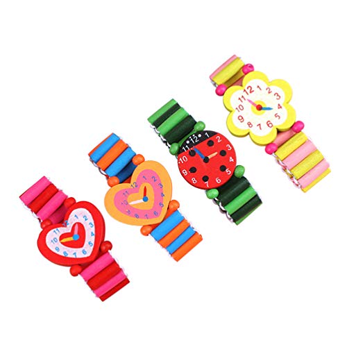 STOBOK 4 Stück Holzarmbanduhren Spielzeug Armband Uhr Modell für Kinder Geburtstagsfeier Gefälligkeiten (Zufälliges Muster) von STOBOK