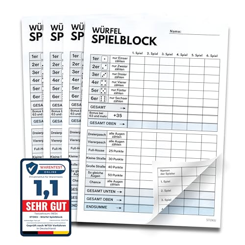 STOKU 4 x Würfelspiel Block DIN A5 - beidseitig Bedruckt mit Spielstand - extra große Schrift für Senioren und Kinder - 4-er Set - je 60 Blatt STOKU 4 x Würfelspiel Block DIN A5 - beidseitig Bedruckt mit Spielstand - extra große Schrift für Senioren und Kinder - 4-er Set - je 60 Blatt von STOKU