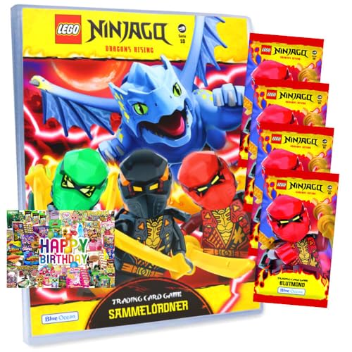 Bundle mit Lego Ninjago Karten Trading Cards Serie 10 - BLUTMOND Sammelkarten (2025) - 1 Mappe + 4 Booster + Exklusive Geburtstagskarte von STRONCARD
