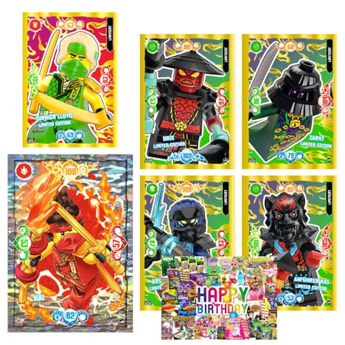 Bundle mit Lego Ninjago Karten Trading Cards Serie 10 - BLUTMOND Sammelkarten (2025) - LE1+XXL1+LE10+LE11+LE12+LE13 Gold Karten + Exklusive Geburtstagskarte von STRONCARD
