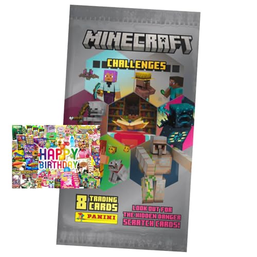 Bundle mit Panini Minecraft Karten Serie 4 - Sammelkarten Challenges Trading Cards (2025) - 1 Booster + Exklusive Geburtstagskarte von STRONCARD