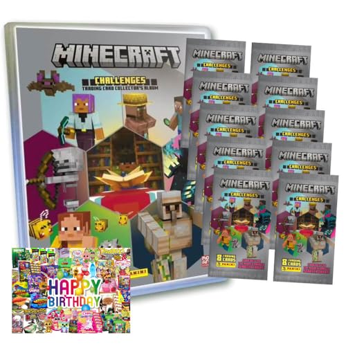 Bundle mit Panini Minecraft Karten Serie 4 - Sammelkarten Challenges Trading Cards (2025) - 1 Mappe + 10 Booster + Exklusive Geburtstagskarte von STRONCARD