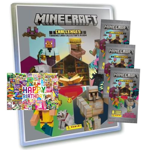 Bundle mit Panini Minecraft Karten Serie 4 - Sammelkarten Challenges Trading Cards (2025) - 1 Mappe + 3 Booster + Exklusive Geburtstagskarte von STRONCARD