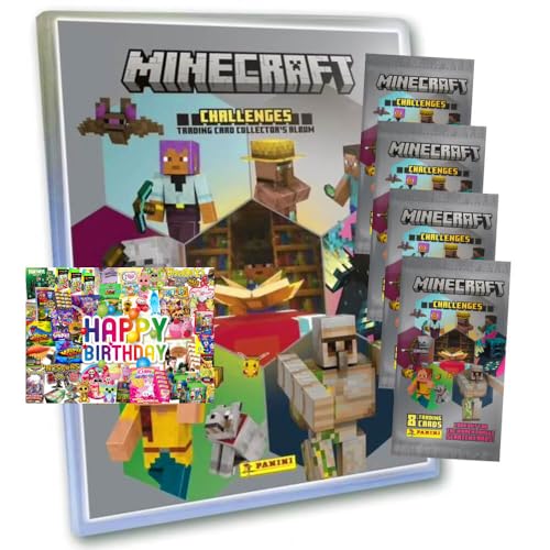 Bundle mit Panini Minecraft Karten Serie 4 - Sammelkarten Challenges Trading Cards (2025) - 1 Mappe + 4 Booster + Exklusive Geburtstagskarte von STRONCARD