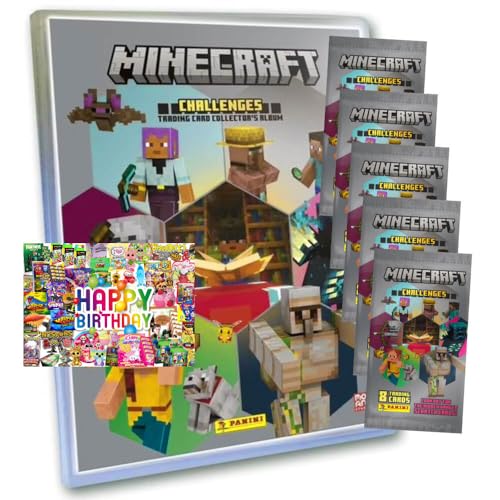 Bundle mit Panini Minecraft Karten Serie 4 - Sammelkarten Challenges Trading Cards (2025) - 1 Mappe + 5 Booster + Exklusive Geburtstagskarte von STRONCARD