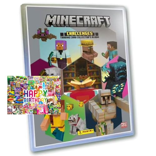 Bundle mit Panini Minecraft Karten Serie 4 - Sammelkarten Challenges Trading Cards (2025) - 1 Sammelmappe + Exklusive Geburtstagskarte von STRONCARD
