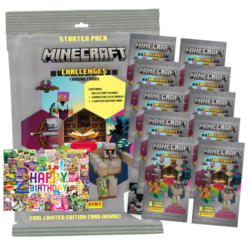 Bundle mit Panini Minecraft Karten Serie 4 - Sammelkarten Challenges Trading Cards (2025) - 1 Starter + 10 Booster + Exklusive Geburtstagskarte von STRONCARD