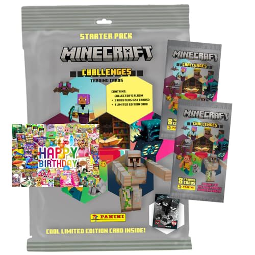 Bundle mit Panini Minecraft Karten Serie 4 - Sammelkarten Challenges Trading Cards (2025) - 1 Starter + 2 Booster + Exklusive Geburtstagskarte von STRONCARD