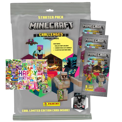 Bundle mit Panini Minecraft Karten Serie 4 - Sammelkarten Challenges Trading Cards (2025) - 1 Starter + 3 Booster + Exklusive Geburtstagskarte von STRONCARD