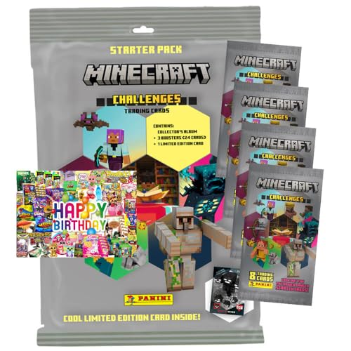 Bundle mit Panini Minecraft Karten Serie 4 - Sammelkarten Challenges Trading Cards (2025) - 1 Starter + 4 Booster + Exklusive Geburtstagskarte von STRONCARD