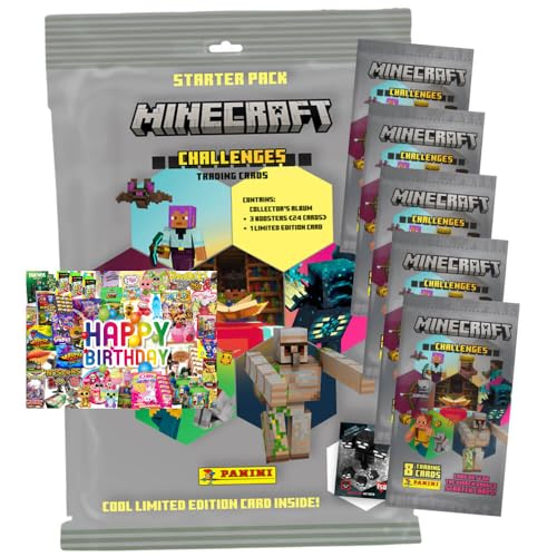 Bundle mit Panini Minecraft Karten Serie 4 - Sammelkarten Challenges Trading Cards (2025) - 1 Starter + 5 Booster + Exklusive Geburtstagskarte von STRONCARD
