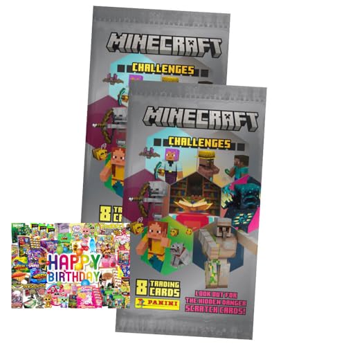 Bundle mit Panini Minecraft Karten Serie 4 - Sammelkarten Challenges Trading Cards (2025) - 2 Booster + Exklusive Geburtstagskarte von STRONCARD