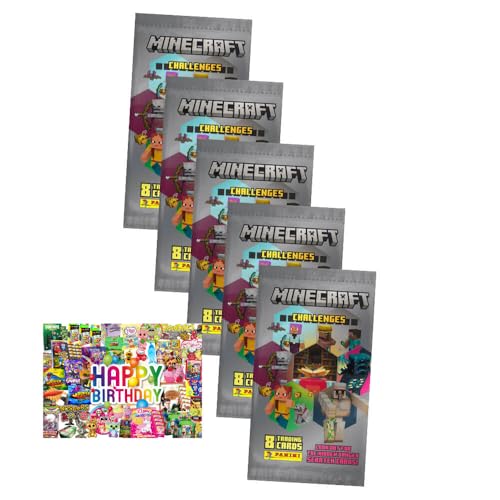Bundle mit Panini Minecraft Karten Serie 4 - Sammelkarten Challenges Trading Cards (2025) - 5 Booster + Exklusive Geburtstagskarte von STRONCARD