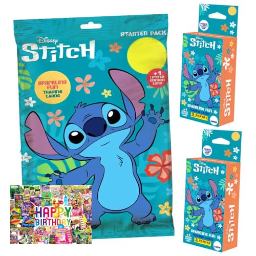 Bundle mit Panini Stitch Karten - (2025) Stitch Trading Cards Sammelkarten - 1 Starter + 2 Blister + Exklusive Geburtstagskarte von STRONCARD