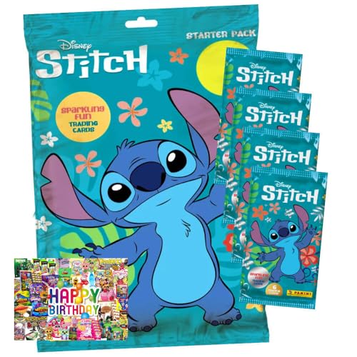 Bundle mit Panini Stitch Karten - (2025) Stitch Trading Cards Sammelkarten - 1 Starter + 4 Booster + Exklusive Geburtstagskarte von STRONCARD