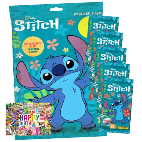 Bundle mit Panini Stitch Karten - (2025) Stitch Trading Cards Sammelkarten - 1 Starter + 5 Booster + Exklusive Geburtstagskarte von STRONCARD