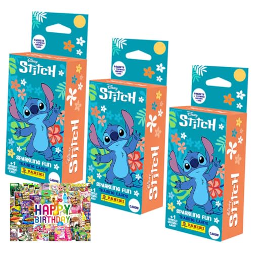 Bundle mit Panini Stitch Karten - (2025) Stitch Trading Cards Sammelkarten - 3 Blister + Exklusive Geburtstagskarte von STRONCARD