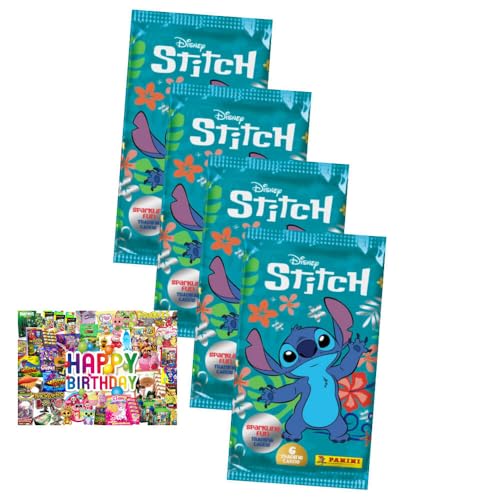 Bundle mit Panini Stitch Karten - (2025) Stitch Trading Cards Sammelkarten - 4 Booster + Exklusive Geburtstagskarte von STRONCARD
