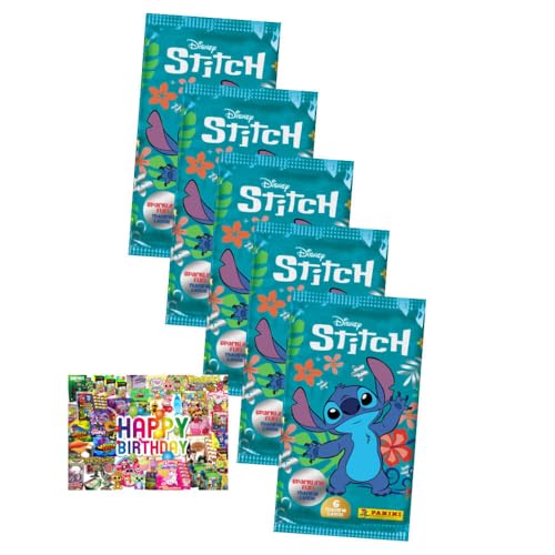 Bundle mit Panini Stitch Karten - (2025) Stitch Trading Cards Sammelkarten - Auswahl + Exklusive Geburtstagskarte (5 Booster) von STRONCARD