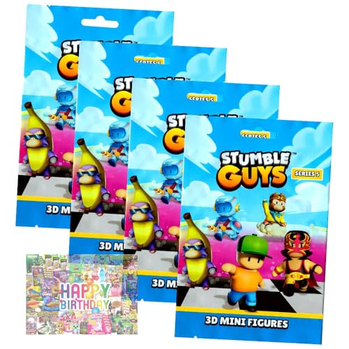 Bundle mit Stumble Guys 3D Sammelfiguren Serie 5 - Chrome Figur - 4 Tüten + Exklusive Geburtstagskarte von STRONCARD