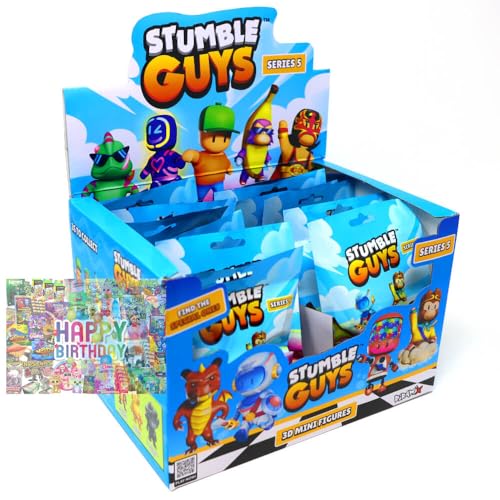 Bundle mit Stumble Guys 3D Sammelfiguren Serie 5 - Chrome Figur - Auswahl + Exklusive Geburtstagskarte (1 Display (18 Tüten)) von STRONCARD