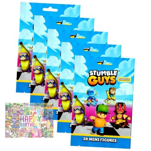 Bundle mit Stumble Guys 3D Sammelfiguren Serie 5 - Chrome Figur - Auswahl + Exklusive Geburtstagskarte (5 Tüten) von STRONCARD