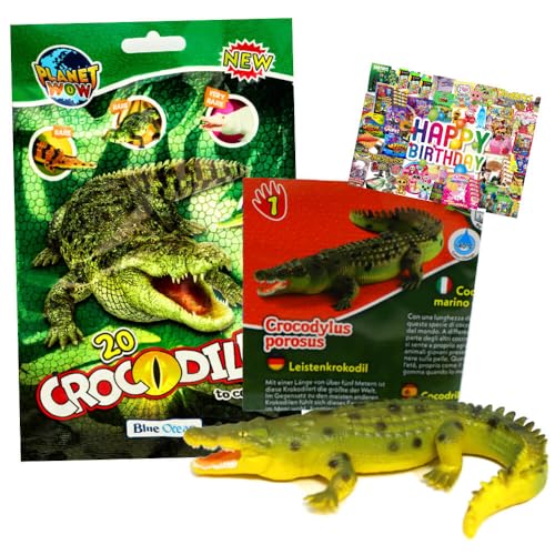 STRONCARD Bundle mit Blue Ocean Crocodiles Sammelfiguren 2025 - Planet Wow Krokodil- Figur 1. Leistenkrokodil - Exklusive Geburtstagskarte von STRONCARD