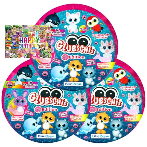 STRONCARD Bundle mit Blue Ocean Glubschis Sammelfigur Muschel Serie 4 - Glubschi Glitzer Figur - 3 Tüten - Exklusive Geburtstagskarte von STRONCARD