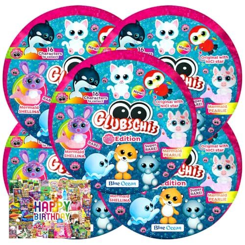 STRONCARD Bundle mit Blue Ocean Glubschis Sammelfigur Muschel Serie 4 - Glubschi Glitzer Figur - 5 Tüten - Exklusive Geburtstagskarte von STRONCARD