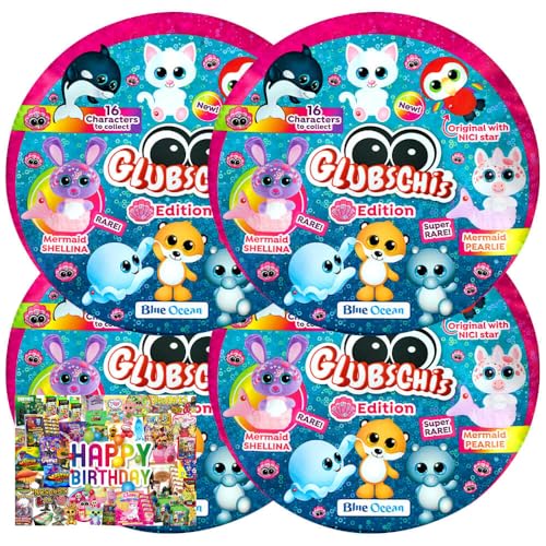 STRONCARD Bundle mit Blue Ocean Glubschis Sammelfigur Muschel Serie 4 - Glubschi Glitzer Figur - Auswahl - Exklusive Geburtstagskarte (4 Tüten) von STRONCARD