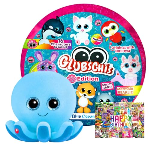 STRONCARD Bundle mit Blue Ocean Glubschis Sammelfigur Muschel Serie 4 - Glubschi Glitzer Figur - Auswahl - Exklusive Geburtstagskarte (Figur Kikoo) von STRONCARD