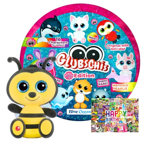 STRONCARD Bundle mit Blue Ocean Glubschis Sammelfigur Muschel Serie 4 - Glubschi Glitzer Figur - Auswahl - Exklusive Geburtstagskarte (Figur Miss Bizz) von STRONCARD
