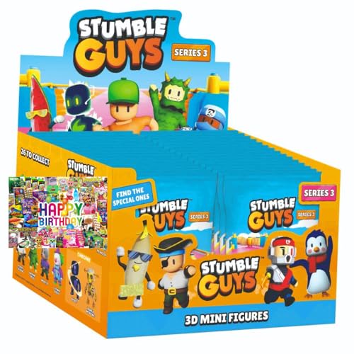 STRONCARD Bundle mit Stumble Guys 3D Sammelfiguren Serie 3 - Chrome Crystal - Auswahl + Exklusive Geburtstagskarte (1 Display (18 Tüten)) von STRONCARD