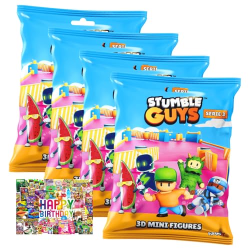 STRONCARD Bundle mit Stumble Guys 3D Sammelfiguren Serie 3 - Chrome Crystal - Auswahl + Exklusive Geburtstagskarte (4 Tüten) von STRONCARD