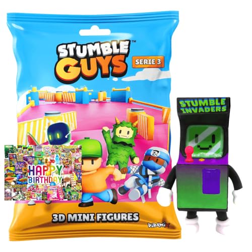 STRONCARD Bundle mit Stumble Guys 3D Sammelfiguren Serie 3 - Chrome Crystal - Auswahl + Exklusive Geburtstagskarte (Figur 4. Stumble Invaders) von STRONCARD