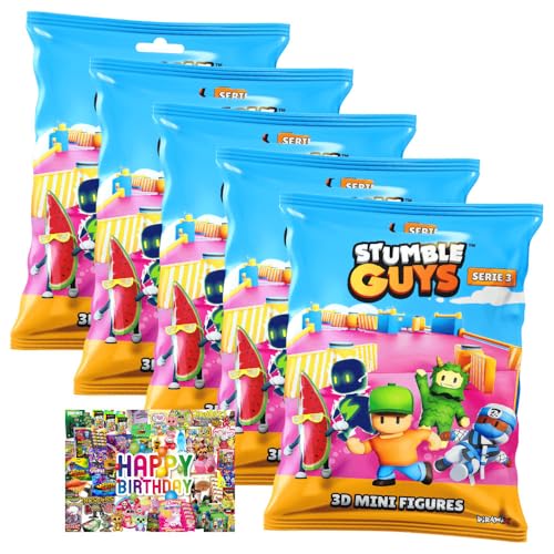 STRONCARD Bundle mit Stumble Guys 3D Sammelfiguren Serie 3 - Chrome Crystal Figur - 5 Tüten + Exklusive Geburtstagskarte von STRONCARD