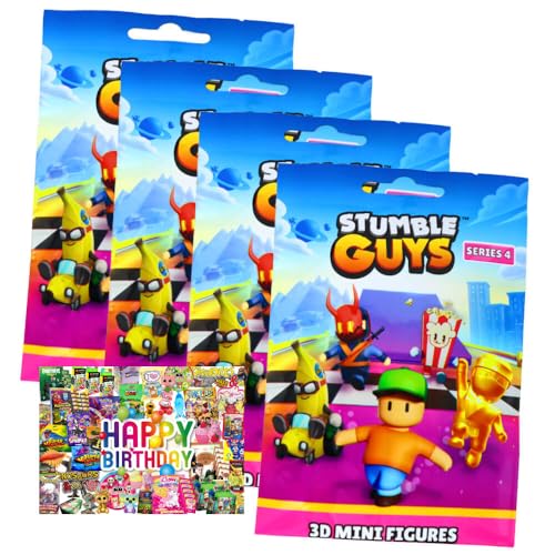 STRONCARD Bundle mit Stumble Guys 3D Sammelfiguren Serie 4 - Chrome Figur - 4 Tüten + Exklusive Geburtstagskarte von STRONCARD