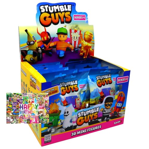 STRONCARD Bundle mit Stumble Guys 3D Sammelfiguren Serie 4 - Chrome Figur - Auswahl + Exklusive Geburtstagskarte (1 Display (18 Tüten)) von STRONCARD