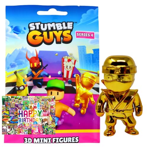 STRONCARD Bundle mit Stumble Guys 3D Sammelfiguren Serie 4 - Figur 24. Golden Sensei (Chrome) + Exklusive Geburtstagskarte von STRONCARD