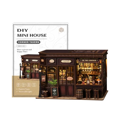 DIY Book Nook Kit – DIY Miniaturhaus-Set, 3D-Holzpuzzle, Gasse, Taverne, Bastelset, Puppenhaus-Set, Bücherregal-Einsatz, Dekor mit LED, Geschenk für Familie und Freunde – Ecktaverne von STRUCWOOD