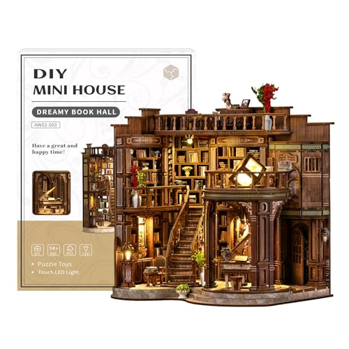 Miniaturhaus-Set zum Selbermachen, 3D-Holzpuzzle-Puppenhaus-Set, Retro-Doppeldecker-Bibliotheks-Modellbausatz zum Bauen mit LED-Licht, Geschenke für Familie und Freunde, Buchliebhaber, verträumte Miniaturhaus-Set zum Selbermachen, 3D-Holzpuzzle-Puppenhaus-Set, Retro-Doppeldecker-Bibliotheks-Modellbausatz zum Bauen mit LED-Licht, Geschenke für Familie und Freunde, Buchliebhaber, verträumte von STRUCWOOD