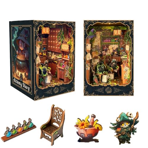 DIY Book Nook Kit für Erwachsene und Jugendliche, 3D-Holzpuzzle, Miniatur, kleines Haus, Puppenhaus-Set, Bücherregal, Bücherregal, Modellbau, Geschenkset, Dekoration mit LED-Licht, Alchemie-Tagebuch DIY Book Nook Kit für Erwachsene und Jugendliche, 3D-Holzpuzzle, Miniatur, kleines Haus, Puppenhaus-Set, Bücherregal, Bücherregal, Modellbau, Geschenkset, Dekoration mit LED-Licht, Alchemie-Tagebuch von STRUCWOOD