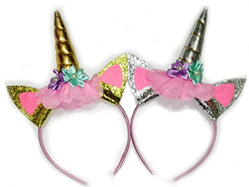 Einhorn-Horn-Stirnbänder mit Blumen und Katzenohren, Stirnbänder für Geburtstagsparty, Weihnachten, Halloween, Foto-Requisiten, Party-Dekoration mit Einhorn-Motiv (Gold und Silber), 25,4 cm L x 17,8 von STUBDL