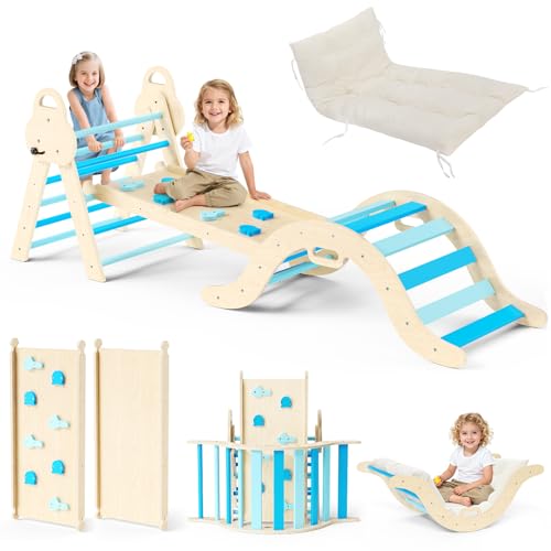 Kletterdreieck mit Rutsche, Kletterbogen, inkl. doppelseitige Rampe, zum Klettern, Rutschen und Wippen, 9 in 1 Klettergerüst Indoor ab 1 Jahr (Dreiteiliges Set, Blau) von STYPLZ