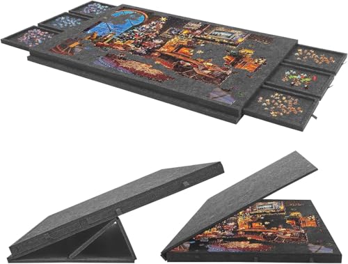 Puzzle Board,puzzlebrett 1500 Teile,Zusammenklappbares Puzzlebrett mit 2-in-1 Design Ständer und Deckel, Kippbarer Puzzletisch mit 6 Schubladen, Leichte Filz-Puzzle-Plattform (Puzzle-Plattform) von STYPLZ