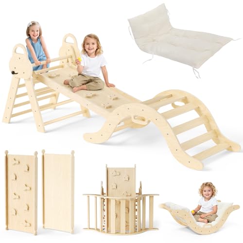 STYPLZ 7-in-1 Montessori-Klettergerüst Set: Indoor-Kletterdreieck, Kletterbogen mit Kissen und Rutsche, Holzkletterspielzeug, Klettergerüst für 1-5 Jahre(3p-mit Schwammkissen-Holz) von STYPLZ