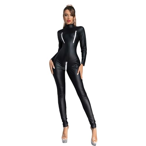 Damen-Bodysuit Aus Metallic-PVC-Leder Mit Langen Ärmeln, Nachtclub-Kostüm (Color : Black, Size : 3XL) von SUABON