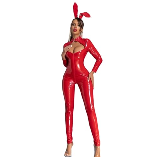 Damen-Leder-Catsuit, Sexy Bunny-Girl-Outfit, Metallischer PVC-Cosplay-Body (Color : Red, Size : 3XL) von SUABON